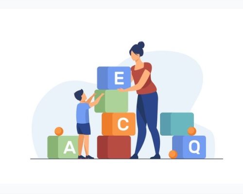 Free Vector Mom and little son studying letters. woman and kid playing toy blocks flat vector illustration. preschool education,